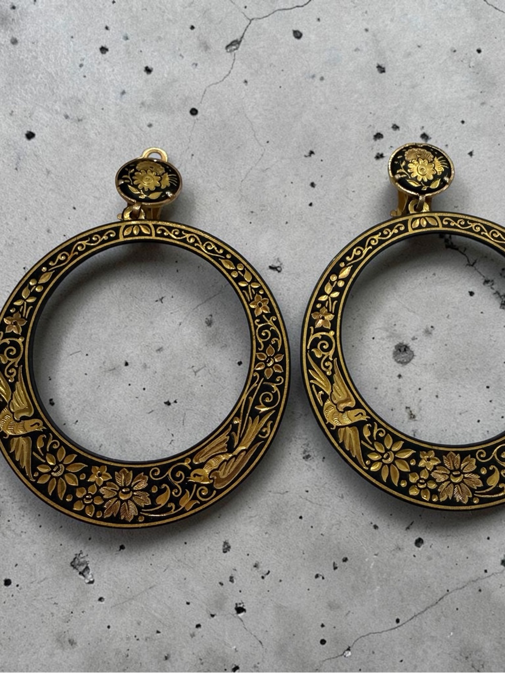Gold & Black Floral Hoop Earrings - Picture 2 of 4